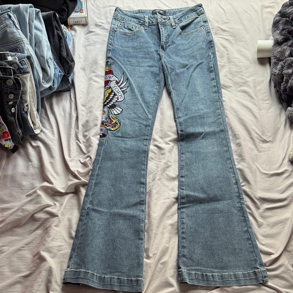 Ed Hardy Denim Flare Jeans with Artistic Embroidery